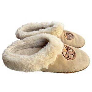 Tory Burch Womens SIZE 6 Beige Fleece-Lined Slippers With Embroidered Logo